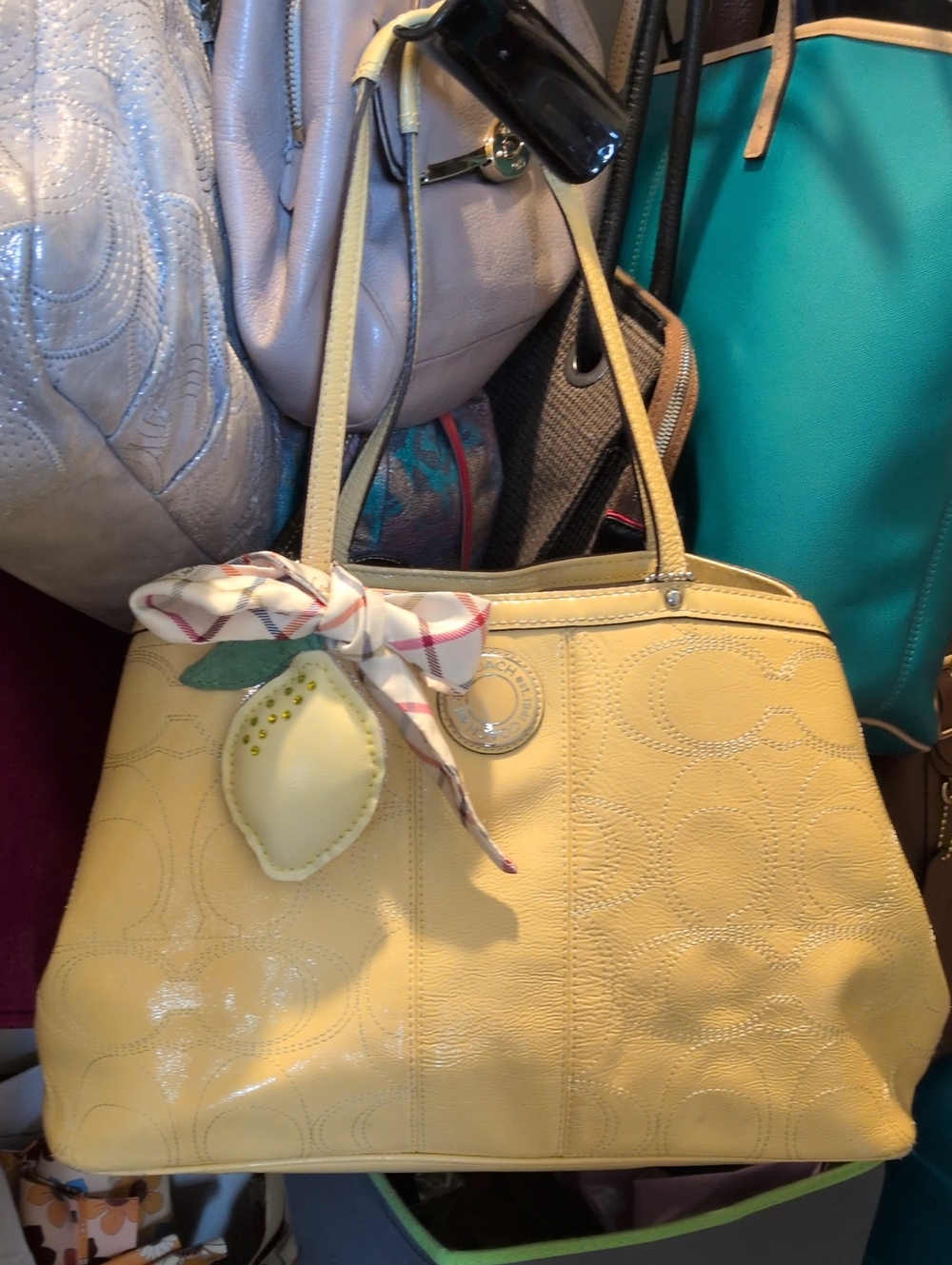 Coach Op Art Yellow Patent Leather With Stitched C Silver Kisslock Satchel